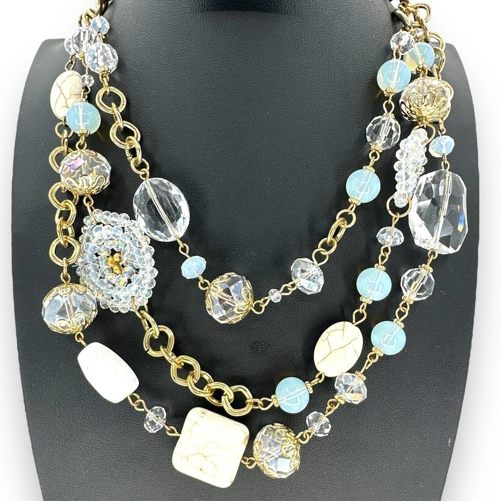 You and I Glass Beads Over Gold Tone Multi Layered Necklace Lobster Claw Closure